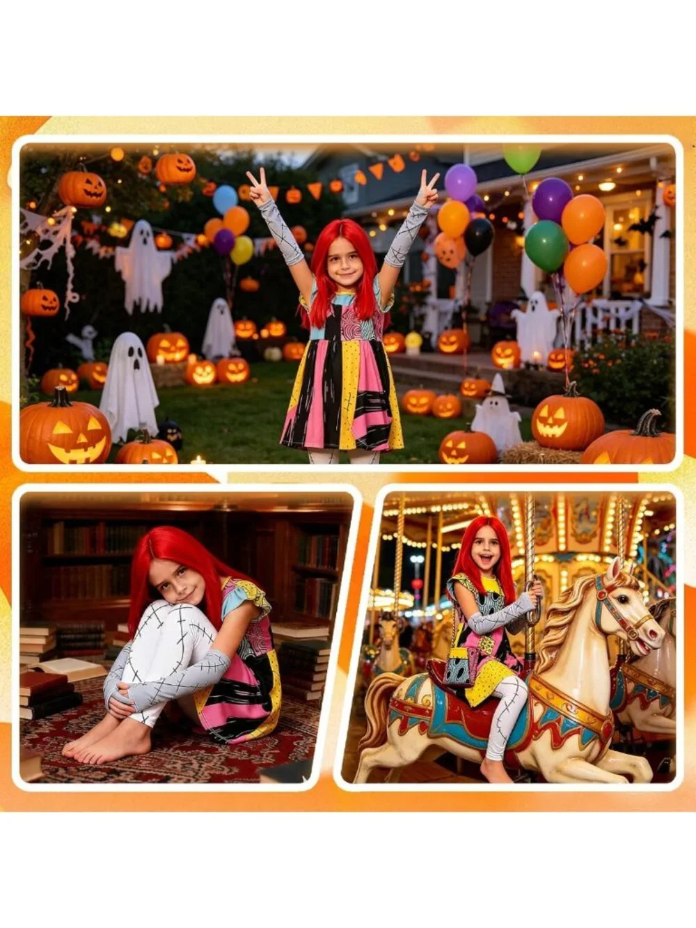 5PCS Kids Sally Costume Set - Girls Christmas Dress, Wig & Accessories for